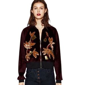 Deep Burgundy Velvet Floral Embroidered Bomber Jacket SIZE LARGE